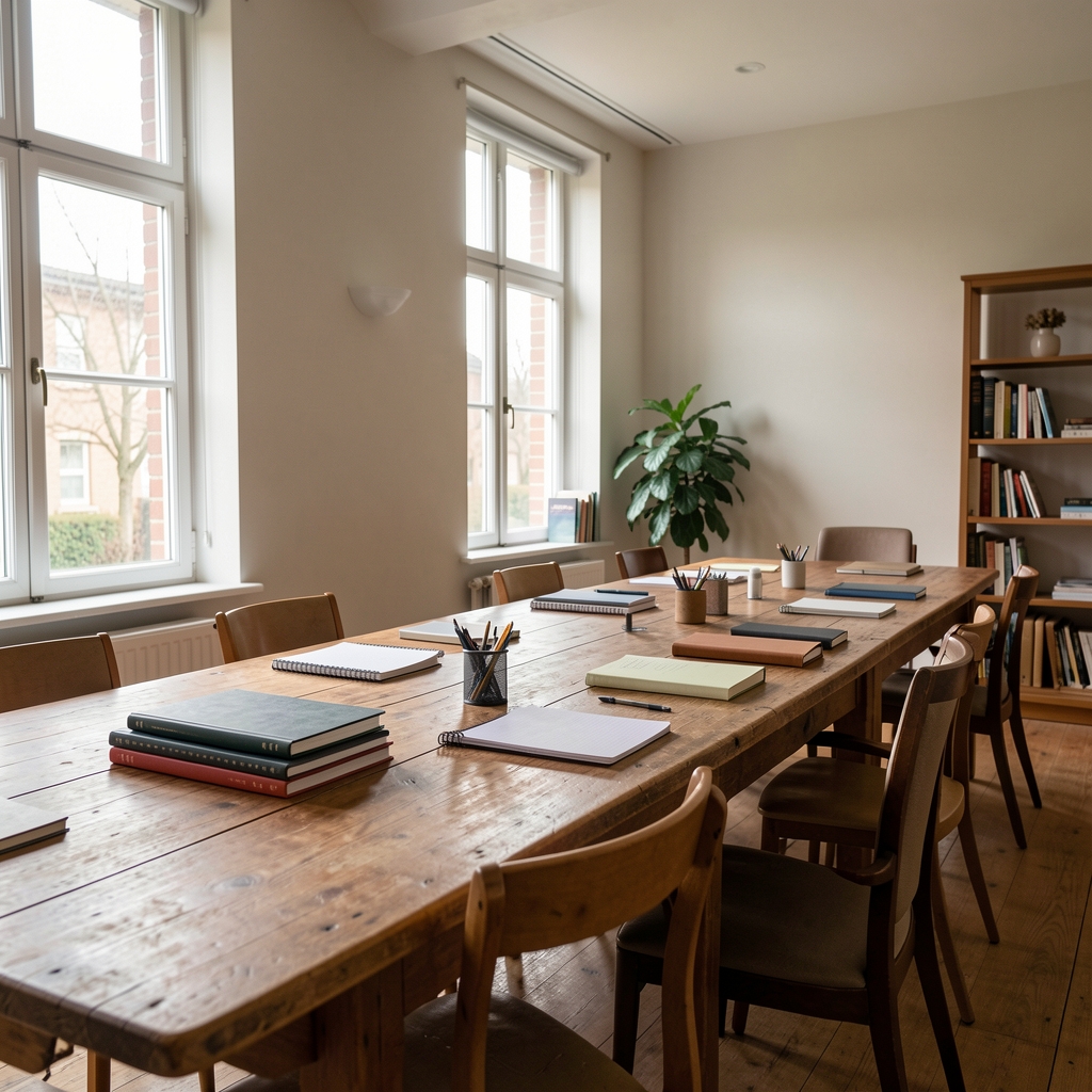 Interior view of the Ornev Gazette editorial office — a long wooden table with notebooks and natural light from tall windows