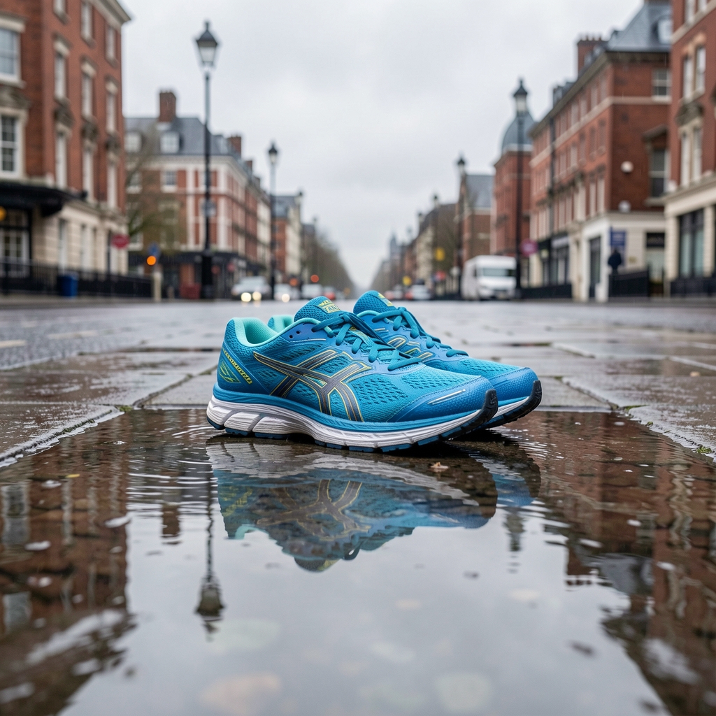 Running shoes resting on a wet pavement stone after an early morning walk, overcast London sky reflected in puddle