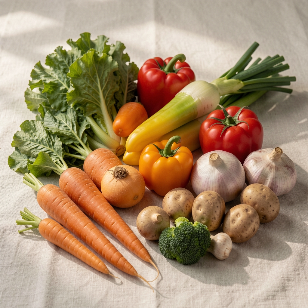 Seasonal vegetables and whole foods arranged on a pale linen surface, early morning editorial composition